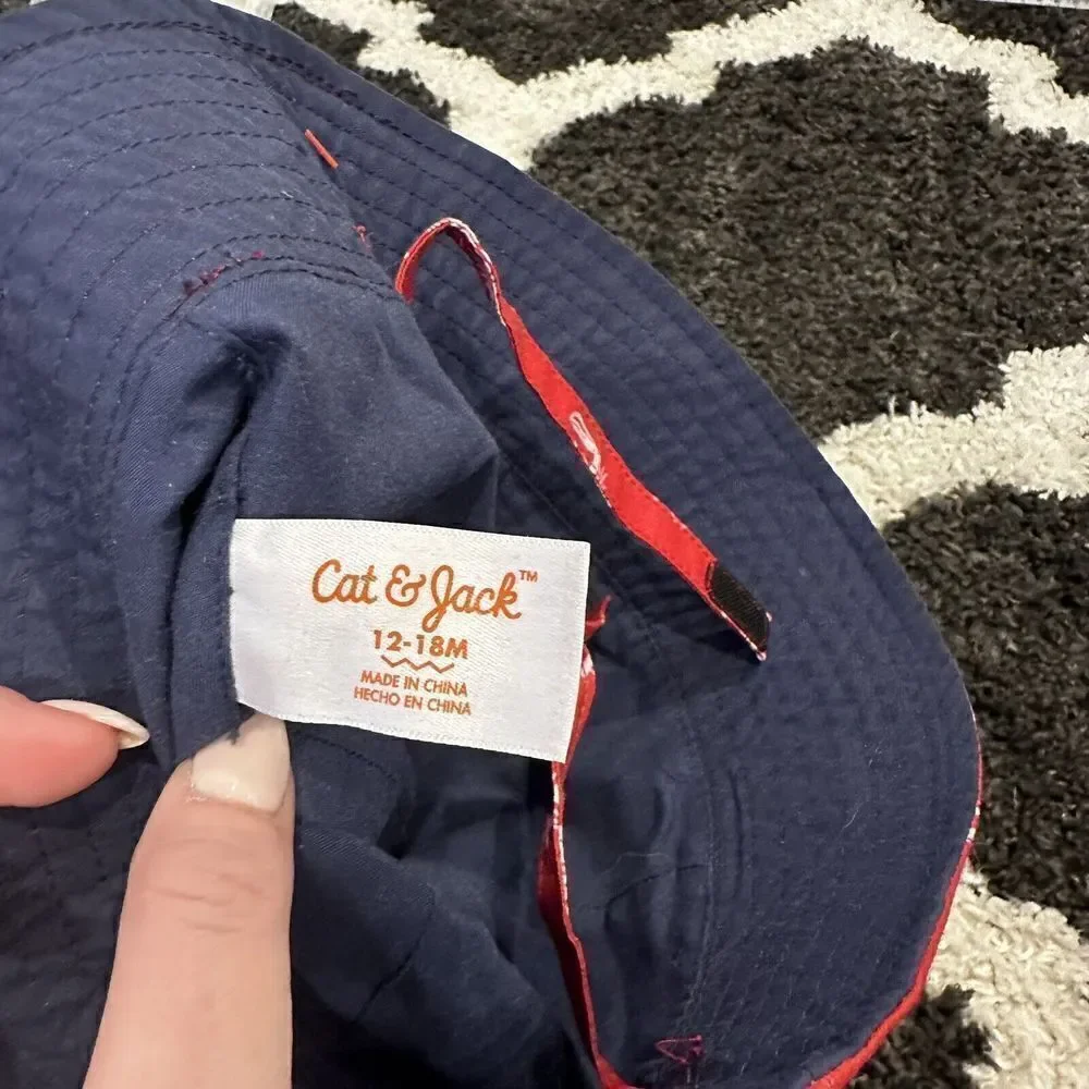 Cat & jack Baby‎ Hat Sun Reversible Lobster Chin Strap Red Navy Blue Size 12-18M